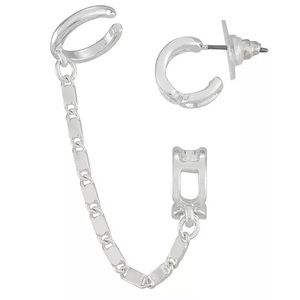 Nine West Silver Tone Mismatch Ear Cuff & Huggie Earring Set New